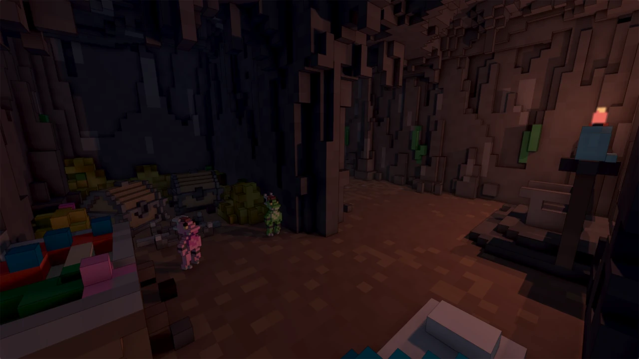 Two kobolds lurk in a dim cavern surrounded by scattered treasure. A lone torch flickers deeper in.