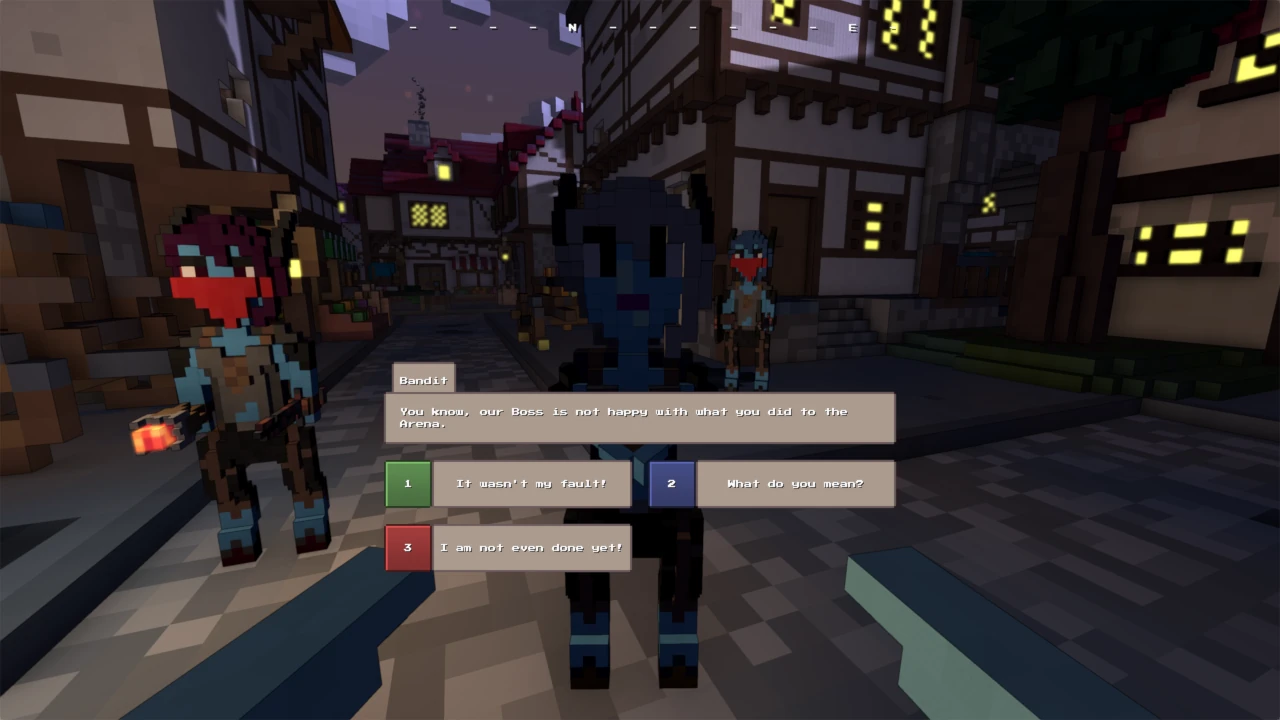 A bandit confronts you in a lantern-lit town at dusk. Three dialogue options wait for your answer.