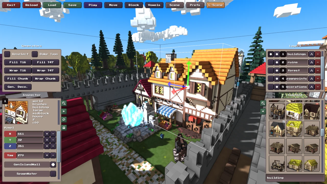 The custom level editor. A town takes shape block by block beside a glowing crystal.