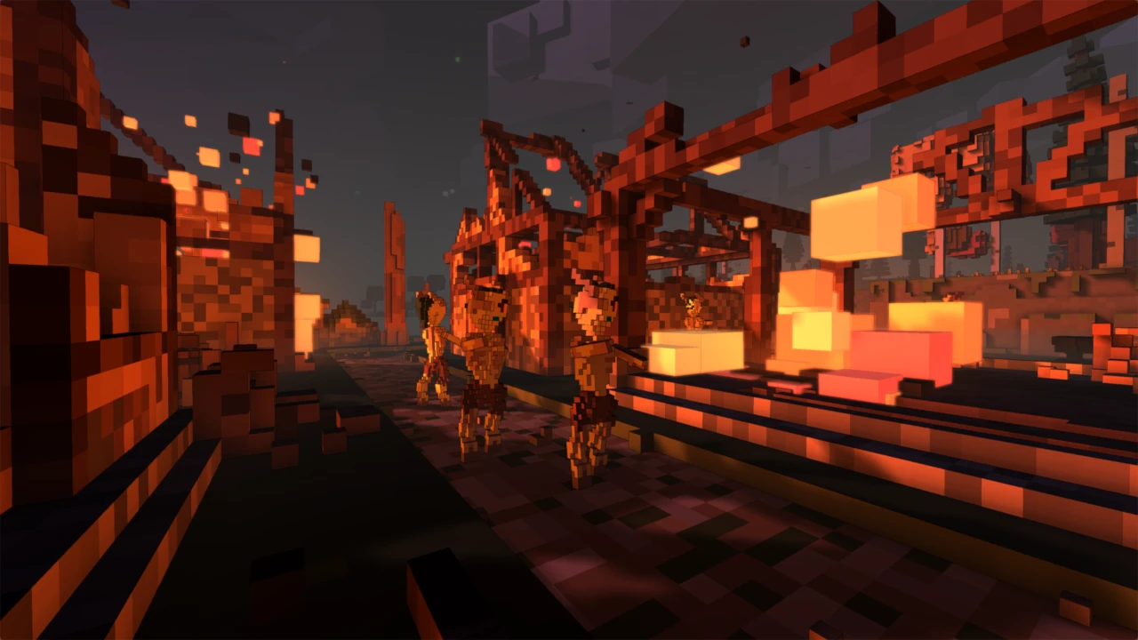 The Undead shamble through a burning village at night. Embers drift into a dark sky.