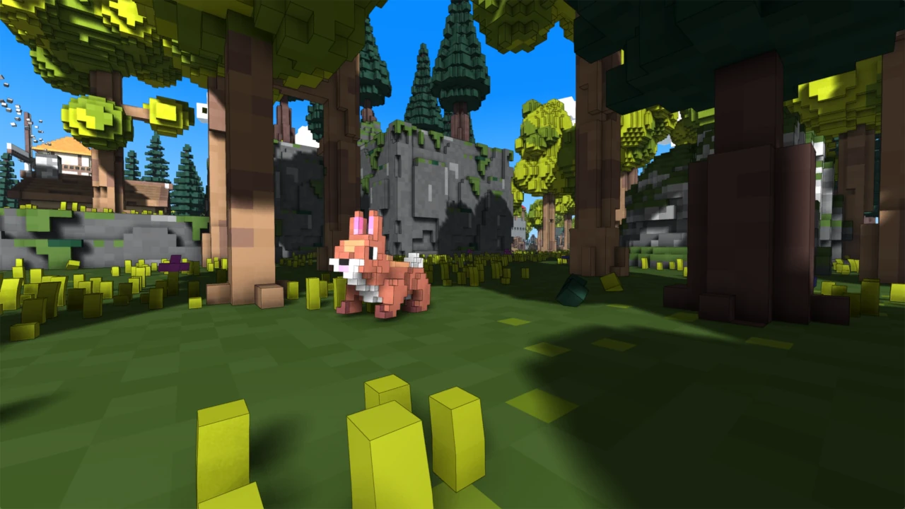 A rabbit sits among stone ruins in a forest. A settlement peeks through the canopy beyond.