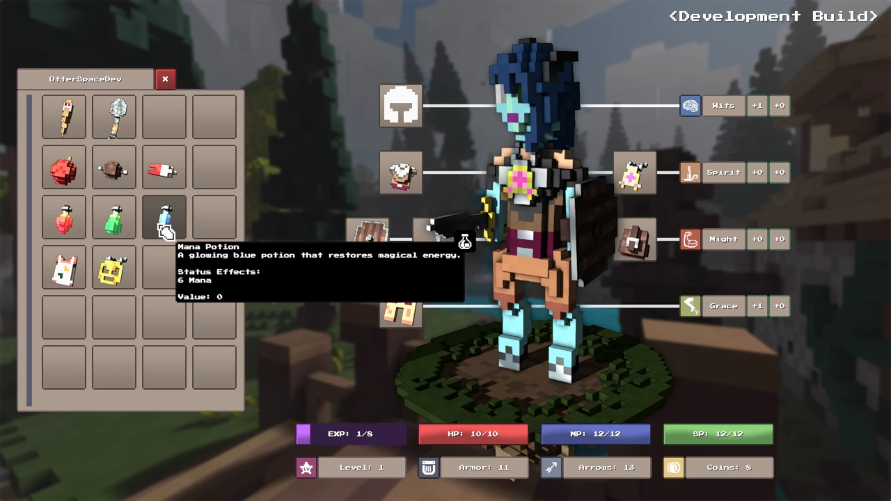 The inventory screen. Gear, potions and stats for Wits, Spirit, Might and Grace. Every slot matters.