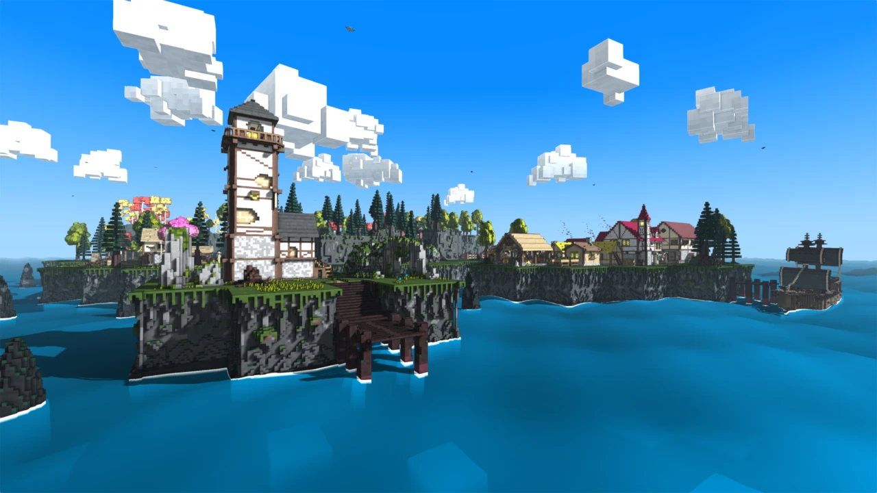 A lighthouse on a rocky island surrounded by open ocean. A frontier village sprawls across the cliffs beyond.