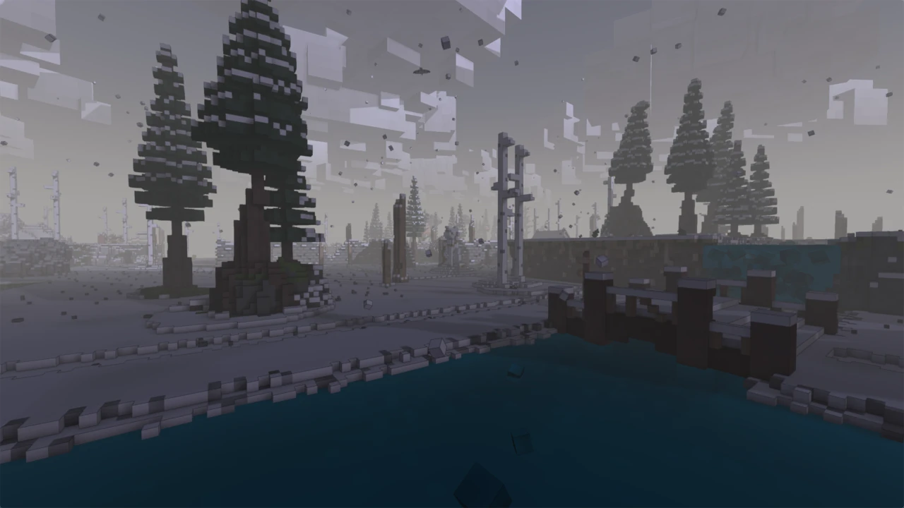 A desolate winter landscape shrouded in fog and snow. Structures crumble in the distance.