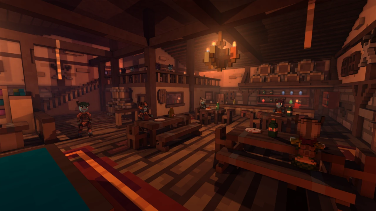 A warm tavern glowing with candlelight. Patrons line the tables and bottles crowd the bar.